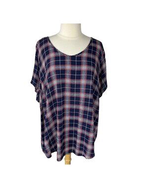 Torrid Shirt Blouse 3X Blue Pink Plaid Short Sleeves Summer